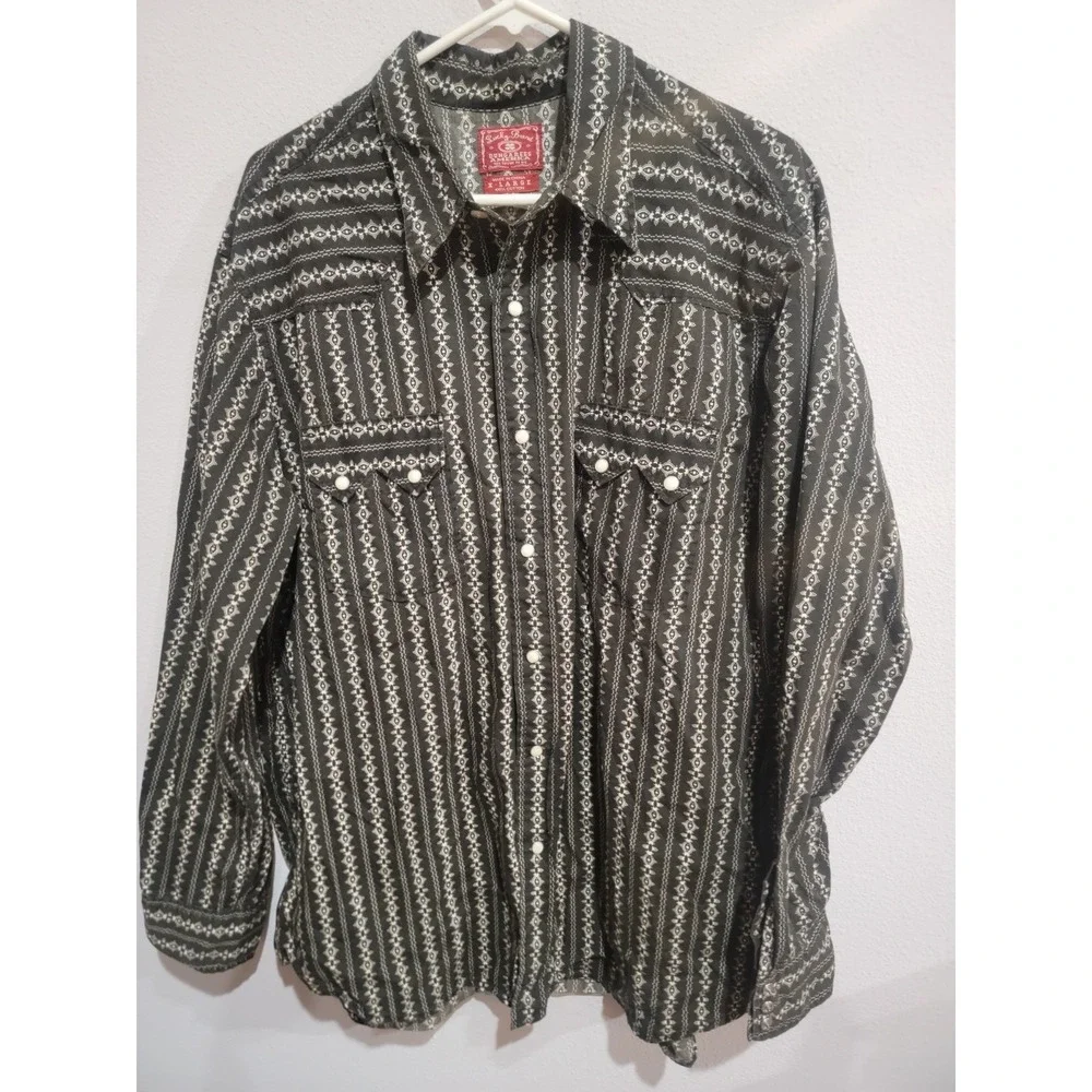 LUCKY‎ BRAND Western Shirt Pearl Snap Black White Print Sz XL Long Sleeve